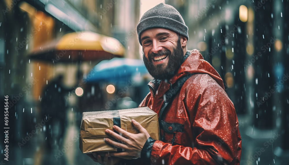 delivery guy, carrying the package in the rain joyous.generative ai delivery guy, carrying the package in the rain joyous.generative ai