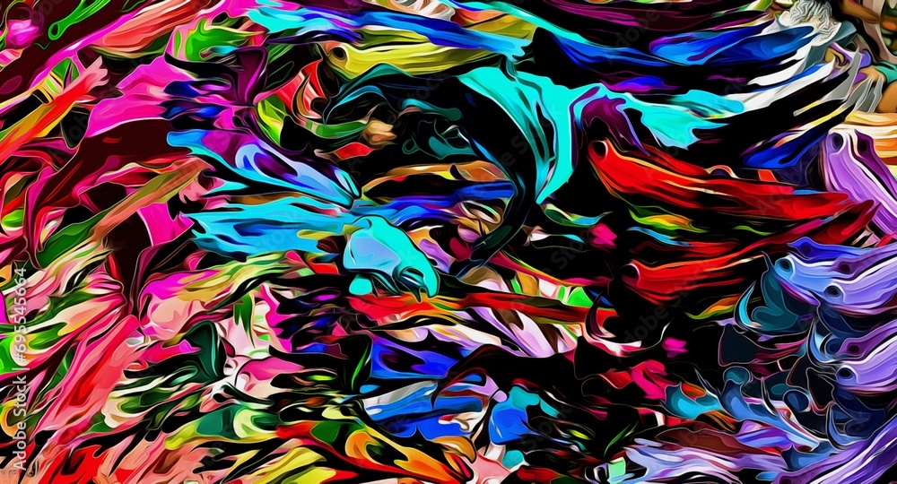 Abstract psychedelic fractal background of stylized watercolor illustration, colored chaotically blurred spots and paint strokes of different sizes and shapes