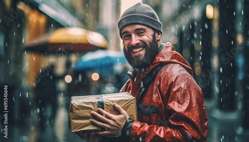 delivery guy, carrying the package in the rain joyous.generative ai photo