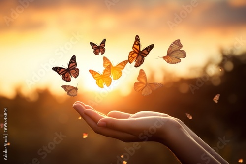  a person s hand holding a group of butterflies in front of a setting sun with trees in the foreground and a silhouette of a forest in the background.