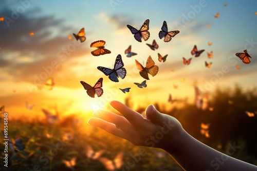  a person's hand reaching out towards a cluster of butterflies flying in the air over a field of grass and trees with a setting sun in the distance in the background. © Nadia