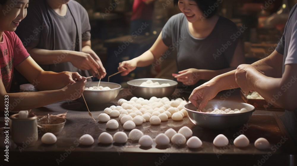 A group making and sharing tangyuan sweet rice balls . A group making and sharing tangyuan sweet rice balls .