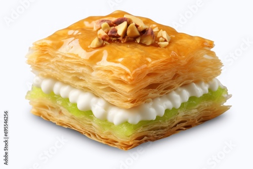  a close up of a pastry with icing and toppings on a white background with a light reflection on the top of the pastry and bottom half of the pastry.