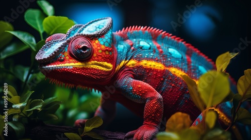 The chameleon panth is lovely and perched on a branch.