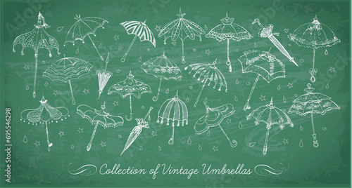 Collection of doodle vintage umbrellas on blackboard background. Vector sketch illustration.