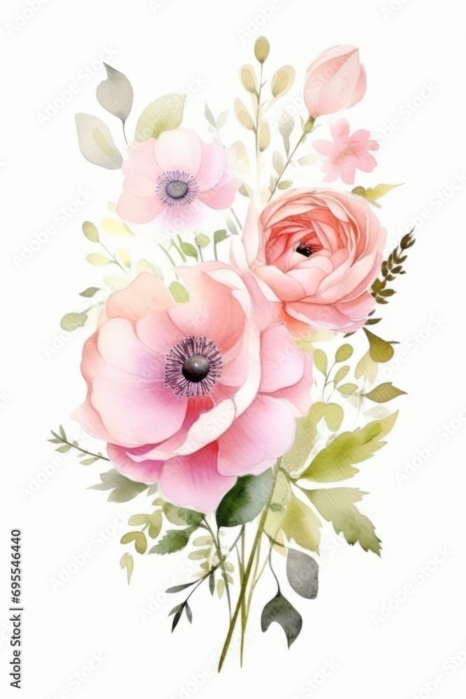 Beautiful elegant postcard with watercolor flowers on the white background. Wedding concept
