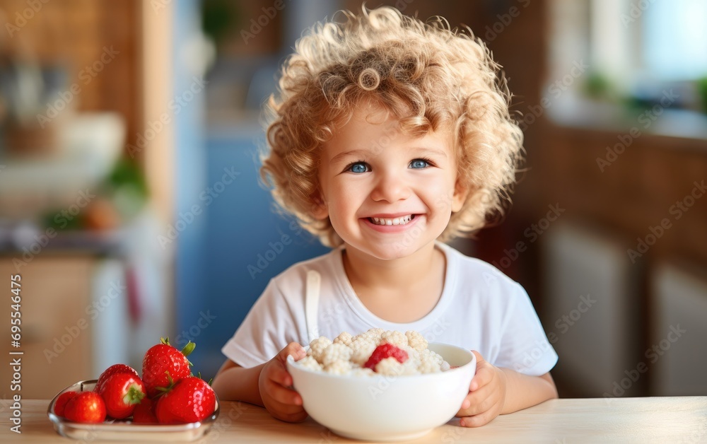 Toddler eating Healthy oatmeal with berries in the morning Toddler eating Healthy oatmeal with berries in the morning