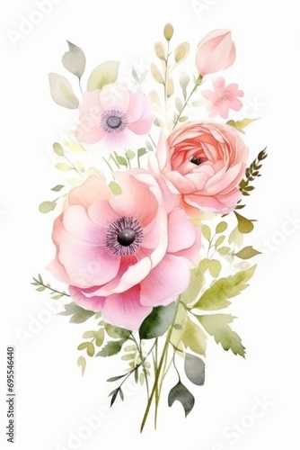 Beautiful elegant postcard with watercolor flowers on the white background. Wedding concept © Darya Lavinskaya