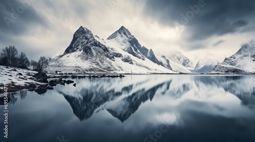 The mountain reflection in the cold lake under the cloudy sky is a beautiful shot photo