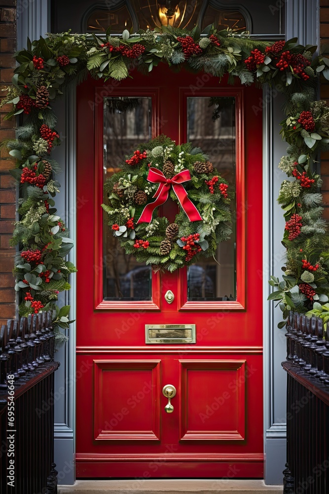 A festive illustration of a beautifully decorated Christmas wreath hanging on a front door