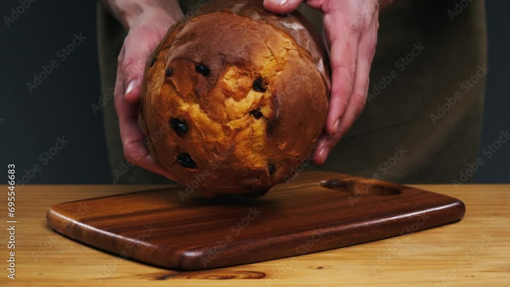 Traditional English Christmas cake tied with a jute thread on the black ...