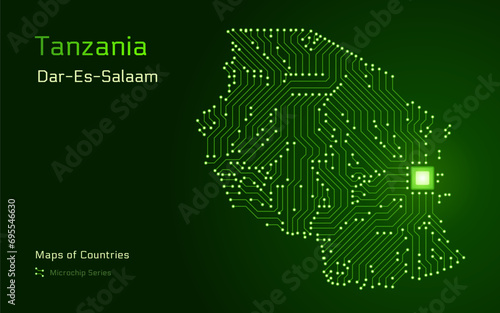 Tanzania Map with a Largest city of Dar es Salaam, and capital Dodoma, Shown in a Microchip Pattern with processor. E-government. World Countries vector maps. Microchip Series