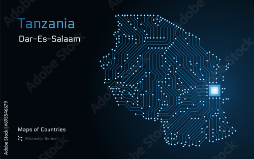 Tanzania Map with a Largest city of Dar es Salaam, and capital Dodoma, Shown in a Microchip Pattern with processor. E-government. World Countries vector maps. Microchip Series