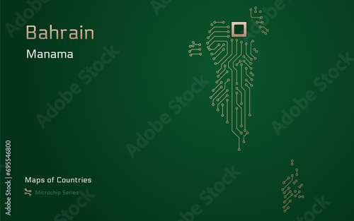 Bahrain Map with a capital of Manama Shown in a Microchip Pattern with processor. E-government. World Countries vector maps. Microchip Series	