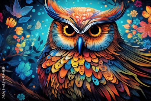 colorful owl in the night with open eyes on blue fantastic background