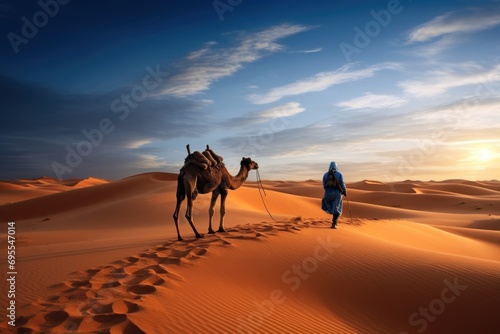  a person walking in the desert with a camel in the foreground and a person in a blue outfit on the other side of the camel, and a sunset in the background.