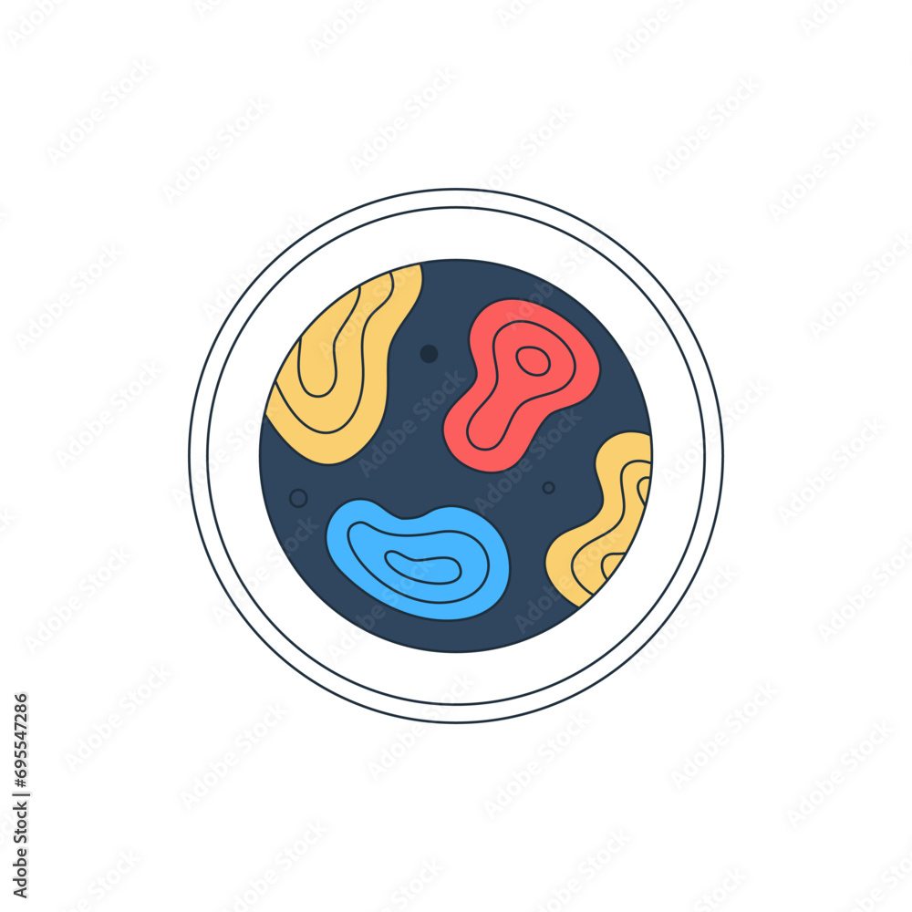 Obraz premium Isolated fictional abstract colorful planet with rings on white background. Vibrant colors. Space object in surrealistic cartoon style. Sticker, print on a T-shirt. Vector illustration