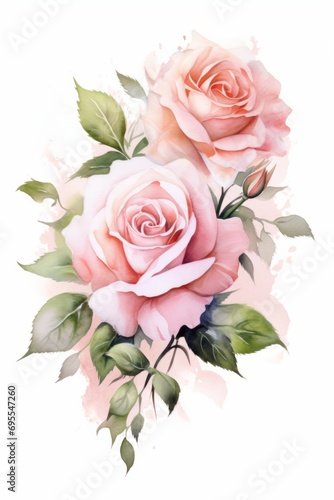 Beautiful elegant postcard with watercolor pink roses on the white background. Wedding concept