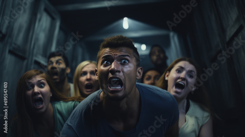 A group of friends enjoying a haunted house attraction.