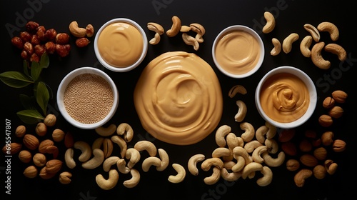 An artistic composition highlighting the versatility of cashews in culinary creations, including cashew butter, cashew milk, and cashew-infused dishes.