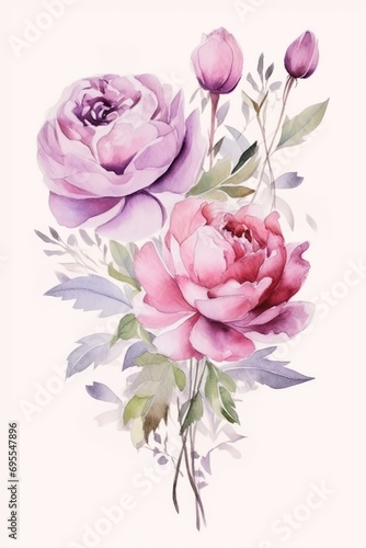 Beautiful elegant postcard with watercolor peony flowers on the white background. Wedding concept
