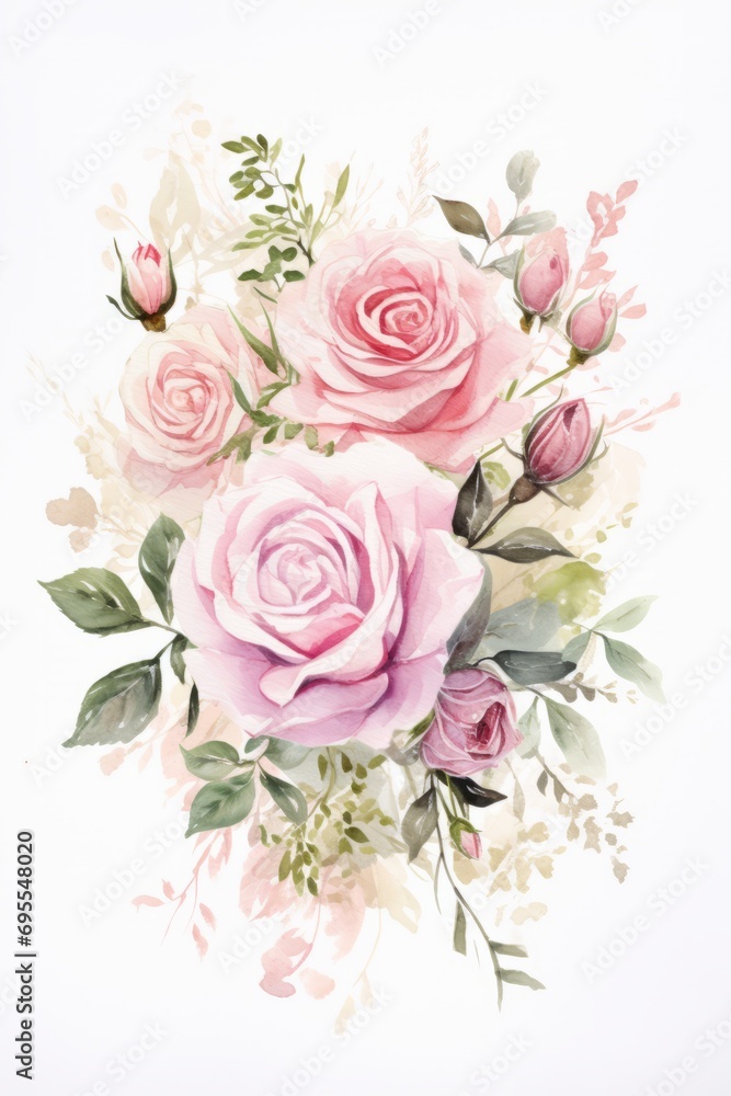 Beautiful elegant postcard with watercolor pink roses on the white background. Wedding concept