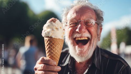 happy old man eating ice cream cone, outside at the park