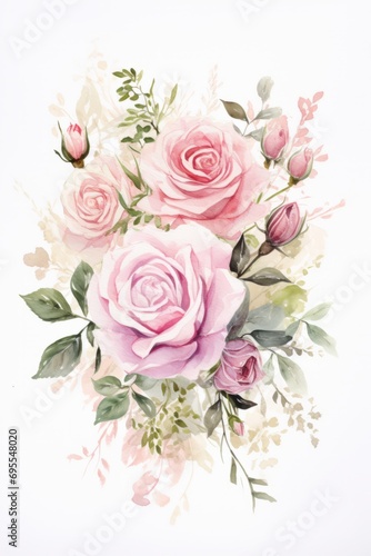 Beautiful elegant postcard with watercolor pink roses on the white background. Wedding concept © Darya Lavinskaya