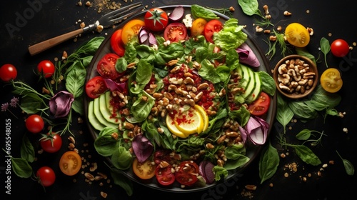 An artistic composition of a colorful salad filled with leafy greens, tomatoes, nuts, and seeds, demonstrating a nutritious and visually appealing dish.