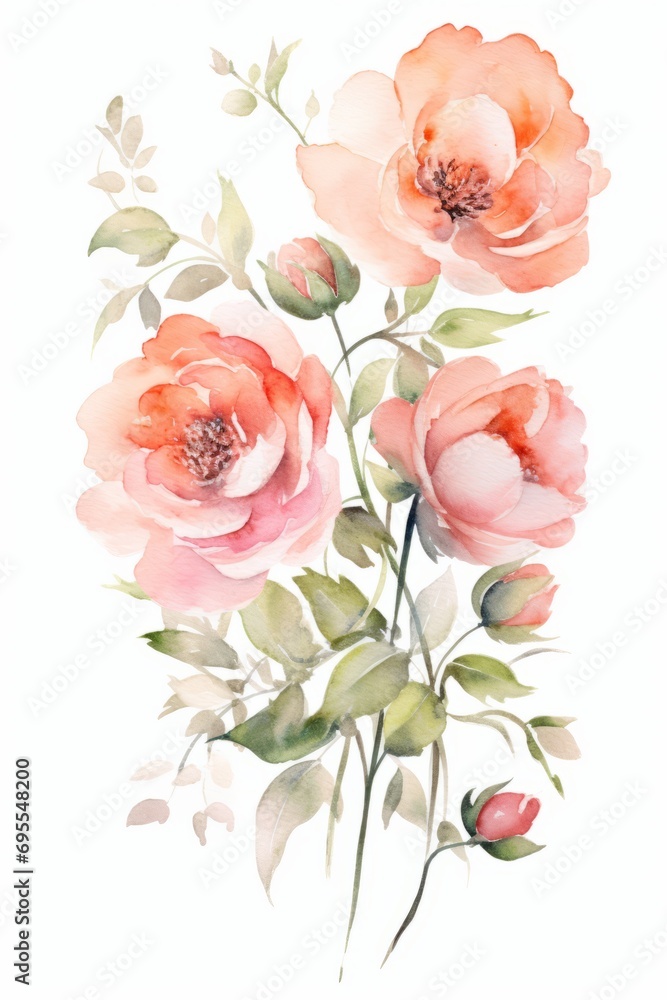 Beautiful elegant postcard with watercolor red rose flowers on the white background. Wedding concept