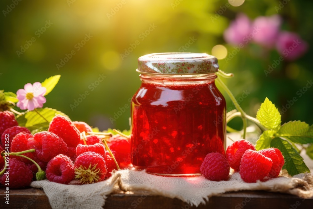 a jar of raspberry jam next to a bunch of raspberries on a piece of burlied burlied cloth with green leaves and pink flowers in the background. a jar of raspberry jam next to a bunch of raspberries on a piece of burlied burlied cloth with green leaves and pink flowers in the background.