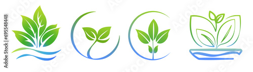 Hydroponics aeroponic logo template set 4 in 1, health food icon, organic vegetable garden. Eco-friendly growing. leaves, leaf logo. Vector illustration