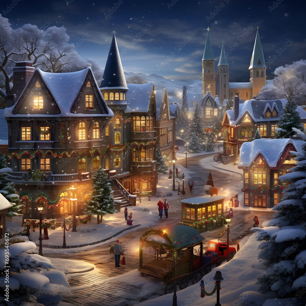 Winter in the town. Winter fairy tale. Christmas postcard.