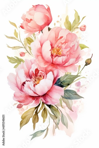 Beautiful elegant postcard with watercolor peony flowers on the white background. Wedding concept