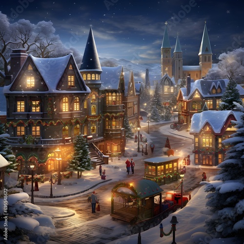 Winter in the town. Winter fairy tale. Christmas postcard.