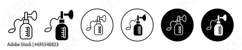 Breast pump icon. newborn baby child breastfeeding by extracting mother nipple milk through suction cup storage container bib symbol. breast feeding female lactation manual pump plastic bottle vector
