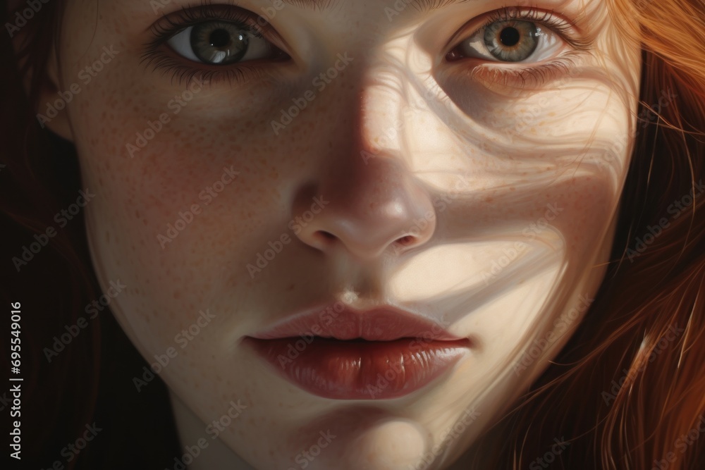 a close up of a woman's face with freckled hair and freckled make - up and freckled freckled make - up. a close up of a woman's face with freckled hair and freckled make - up and freckled freckled make - up.