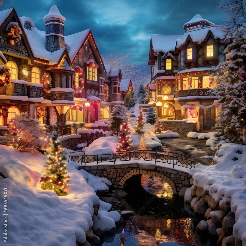 Winter night in the village. Christmas and New Year concept. Winter landscape.