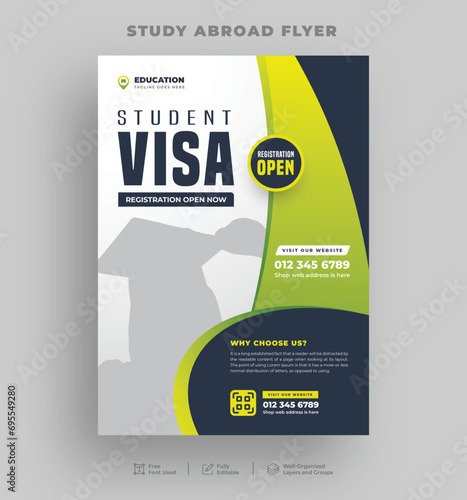 Study abroad flyer, Student visa and School admission flyer, Editable online learning or higher education print flyer template.
