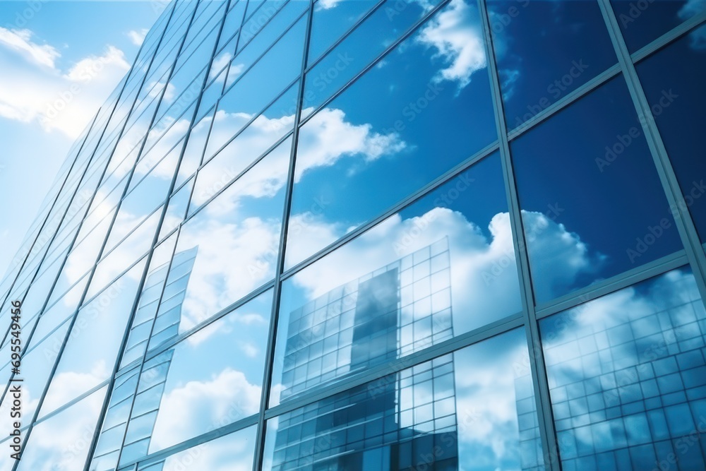 the reflection of a building in the windows of another building with a blue sky and clouds reflected in the windows of another building, with a plane in the foreground. the reflection of a building in the windows of another building with a blue sky and clouds reflected in the windows of another building, with a plane in the foreground.