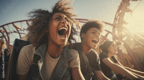 A group of teens screaming in excitement on a roller coaster. © Denis Bayrak