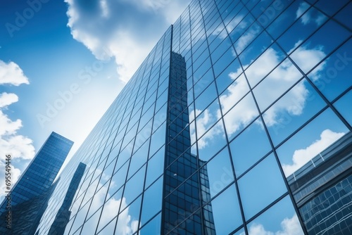 a very tall building with a lot of windows in front of a blue sky with a lot of clouds in the middle of the picture and a blue sky with a few white clouds.