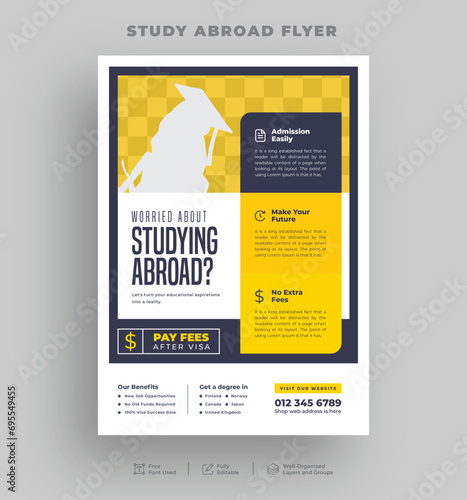 Study abroad flyer, Student visa and School admission flyer, Editable online learning or higher education print flyer template.
