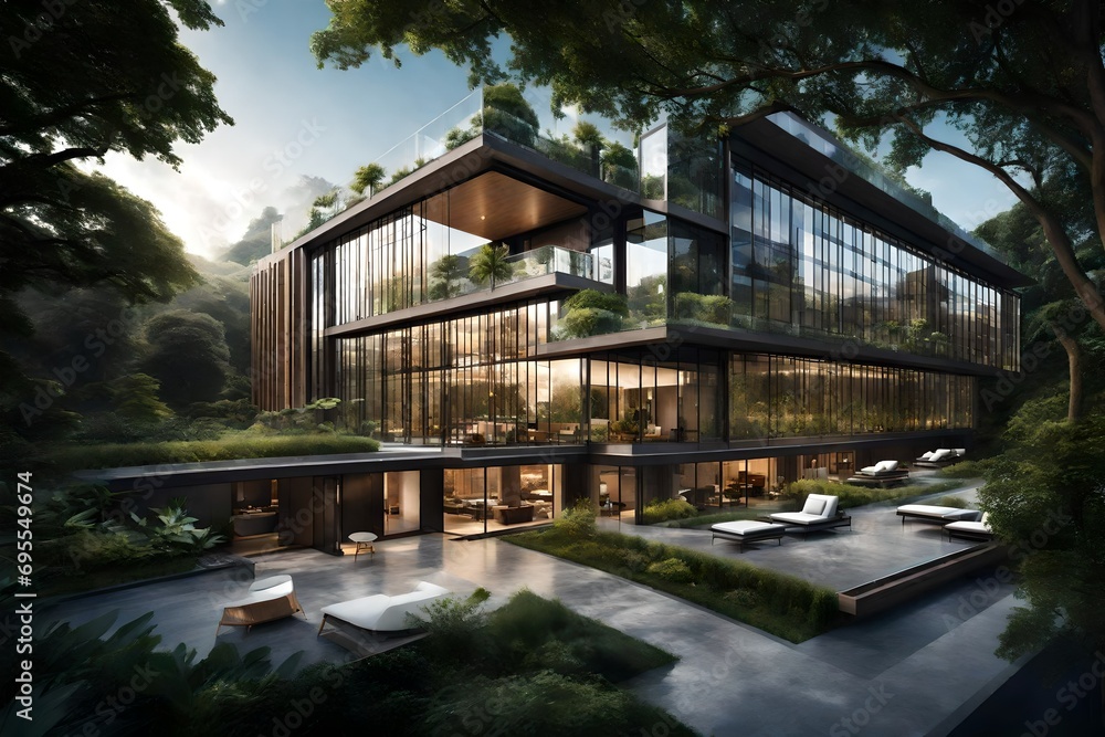 A modern hotel exterior with a blend of glass and concrete, situated against a backdrop of lush greenery and capturing the essence of urban retreat.