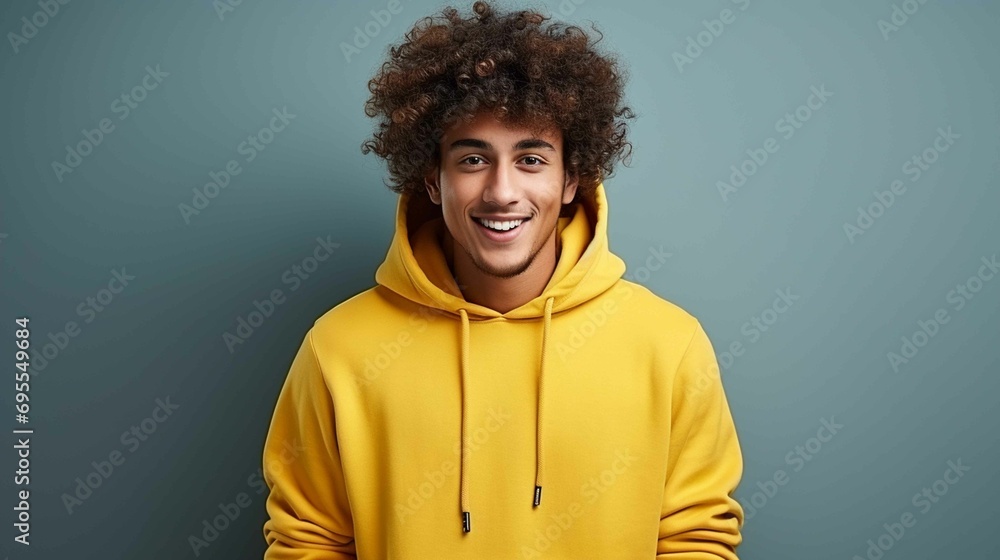 Cheerful Young Adult with Curly Hair and a Bright Smile on a Colored Background