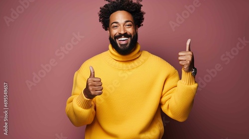 Cheerful Person with Curly Hair Wearing a Colorful Sweater. Front view portrait of a happy person gesturing thumbs