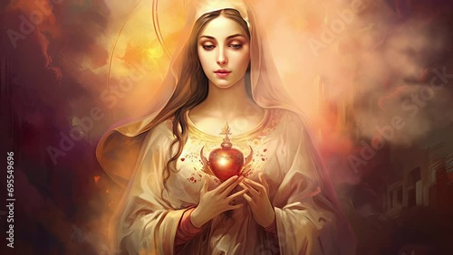 Holy virgin Mary holding immaculate heart photo