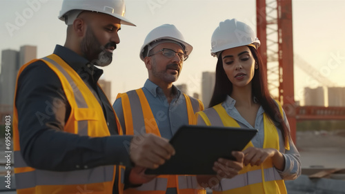 Diverse team on construction site with tablet, discussing real estate project plans.generative ai