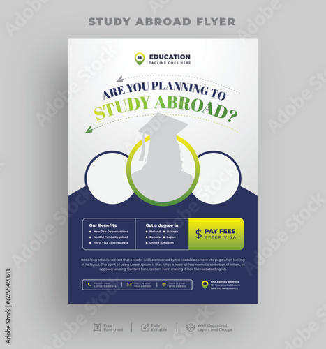 Study abroad flyer, Student visa and School admission flyer, Editable online learning or higher education print flyer template.