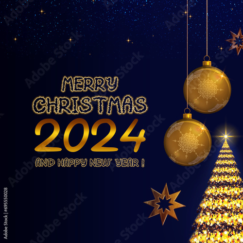 Merry Christmas and Happy new Year 2024 text and sparkling Christmas tree .